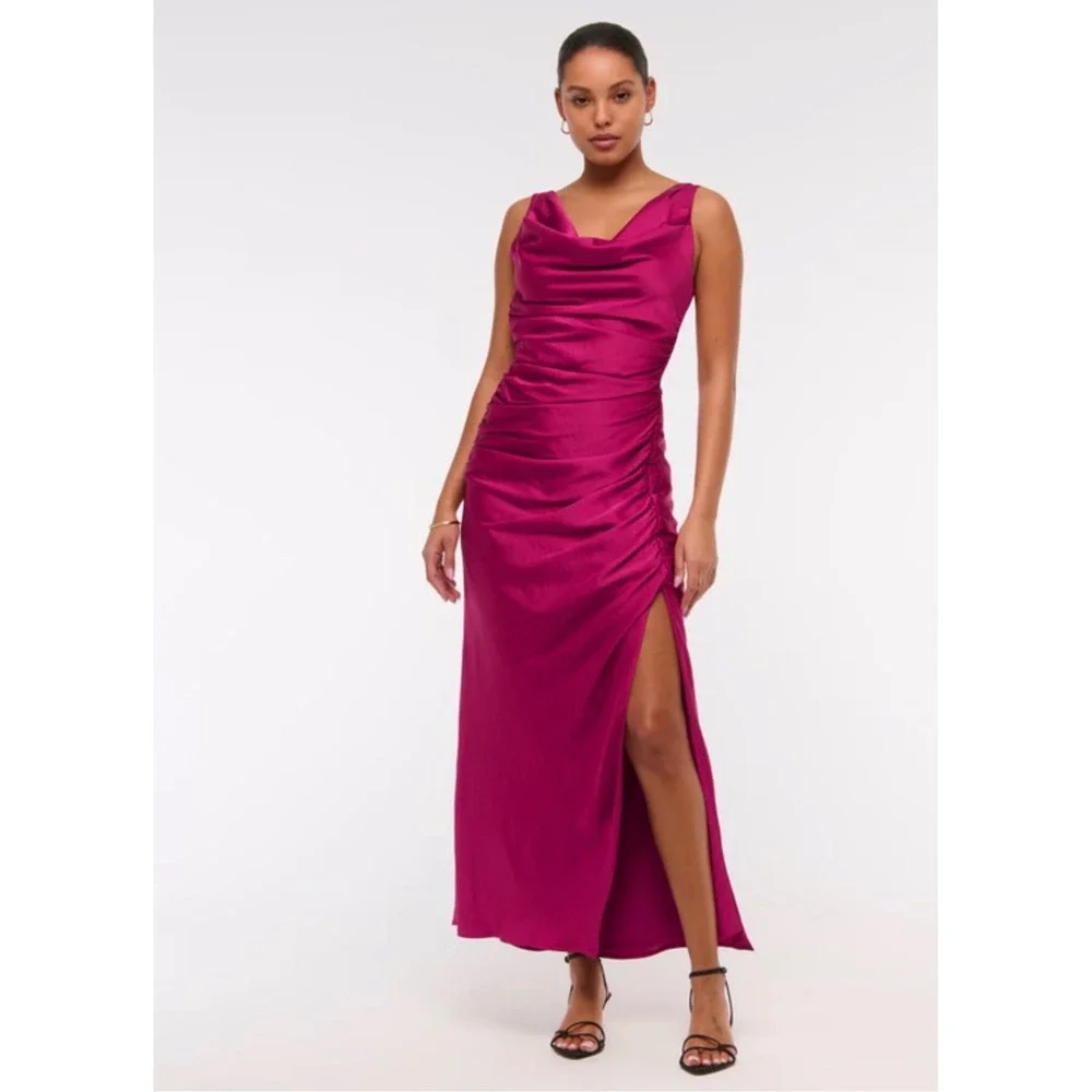 Abercrombie & fitch Satin Cowl Neck Ruched Maxi Dress Magenta Pink Formal XL new